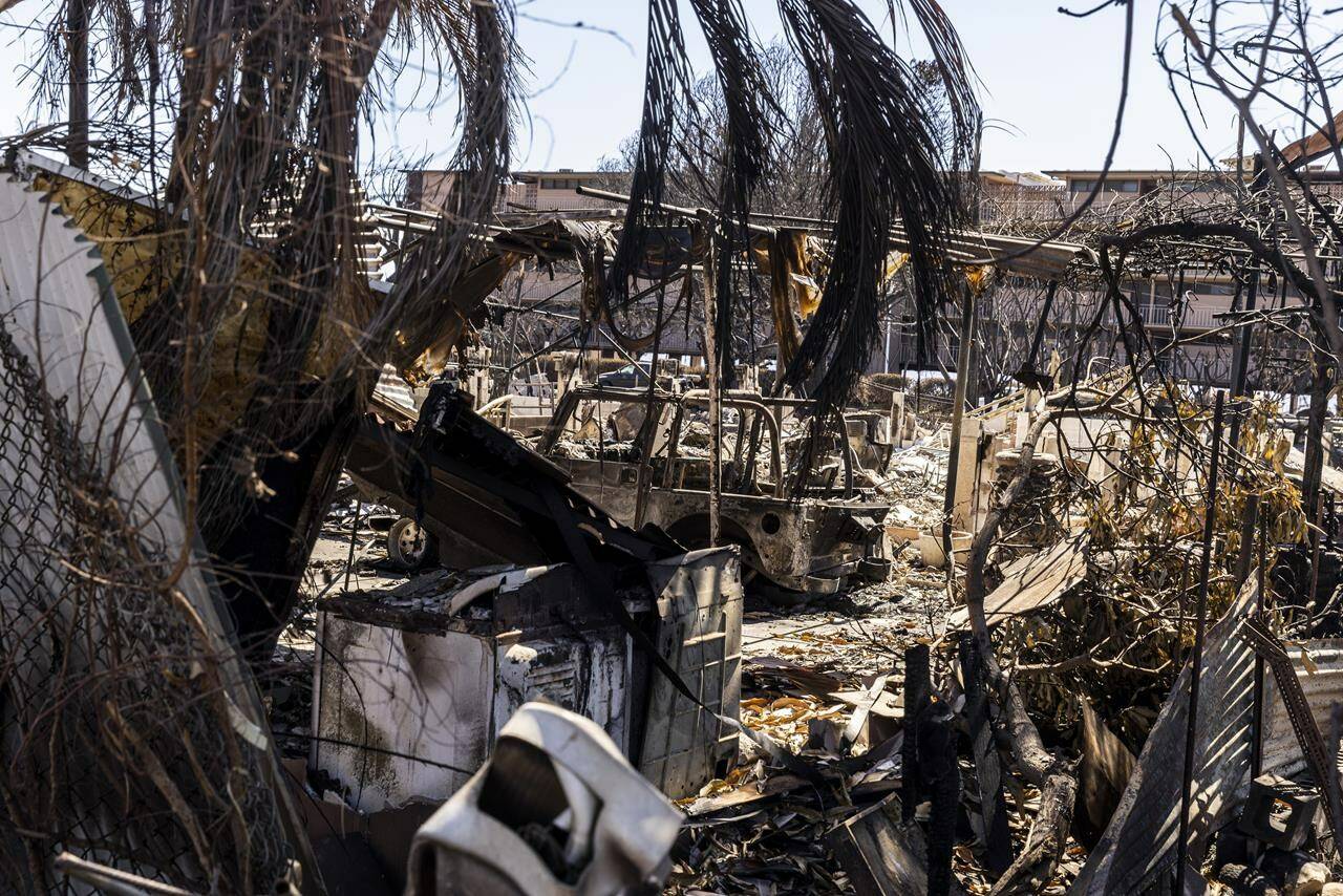 Properties destroyed in the West Maui Wildfire are seen near Front Street in Lahaina on the island of Maui, Hawaii Thursday, Aug. 17, 2023. (Stephen Lam/San Francisco Chronicle via AP)