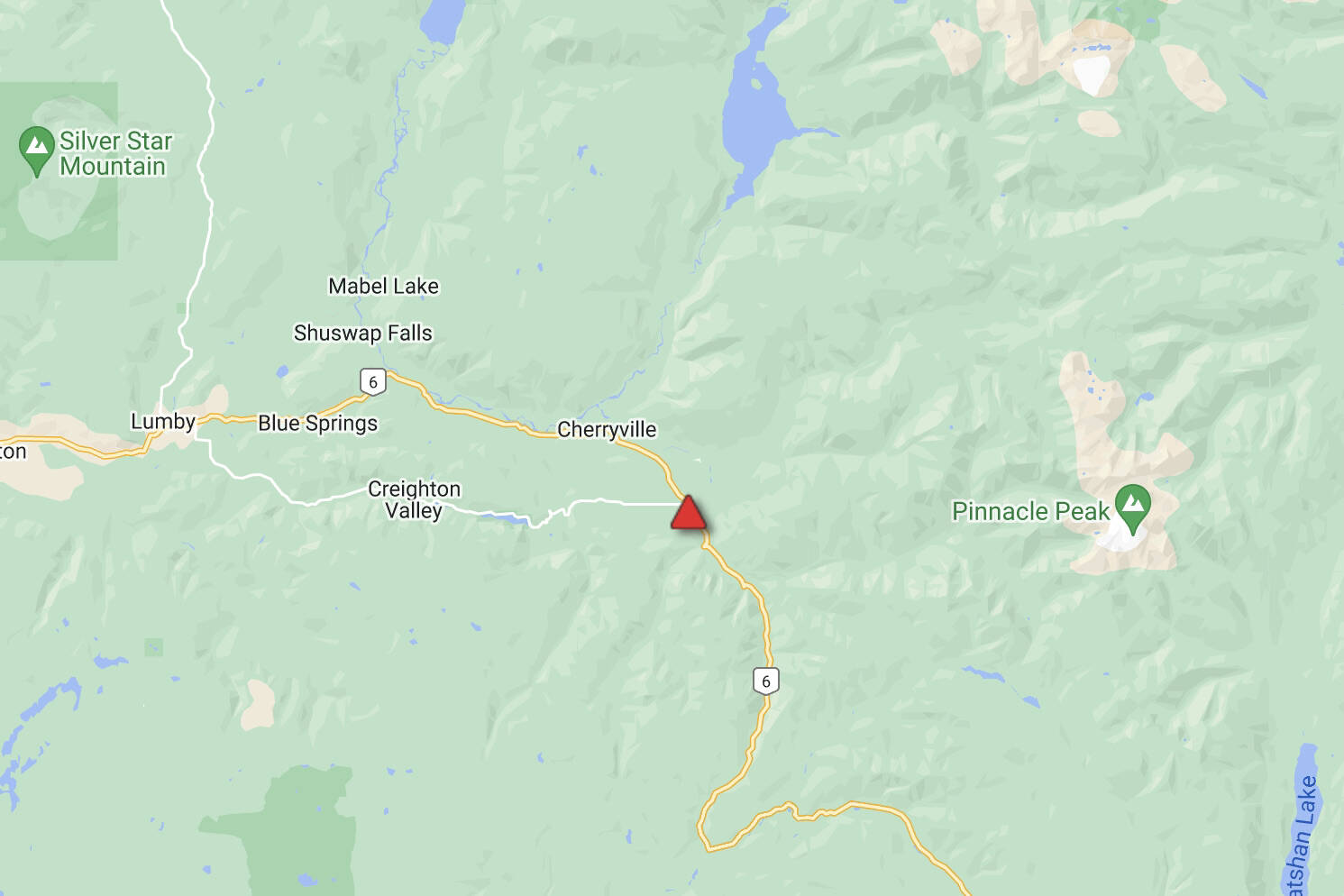 Highway 6 has been closed by a vehicle incident east of Cherryville Friday night, Aug. 18, 2023. (DriveBC photo)