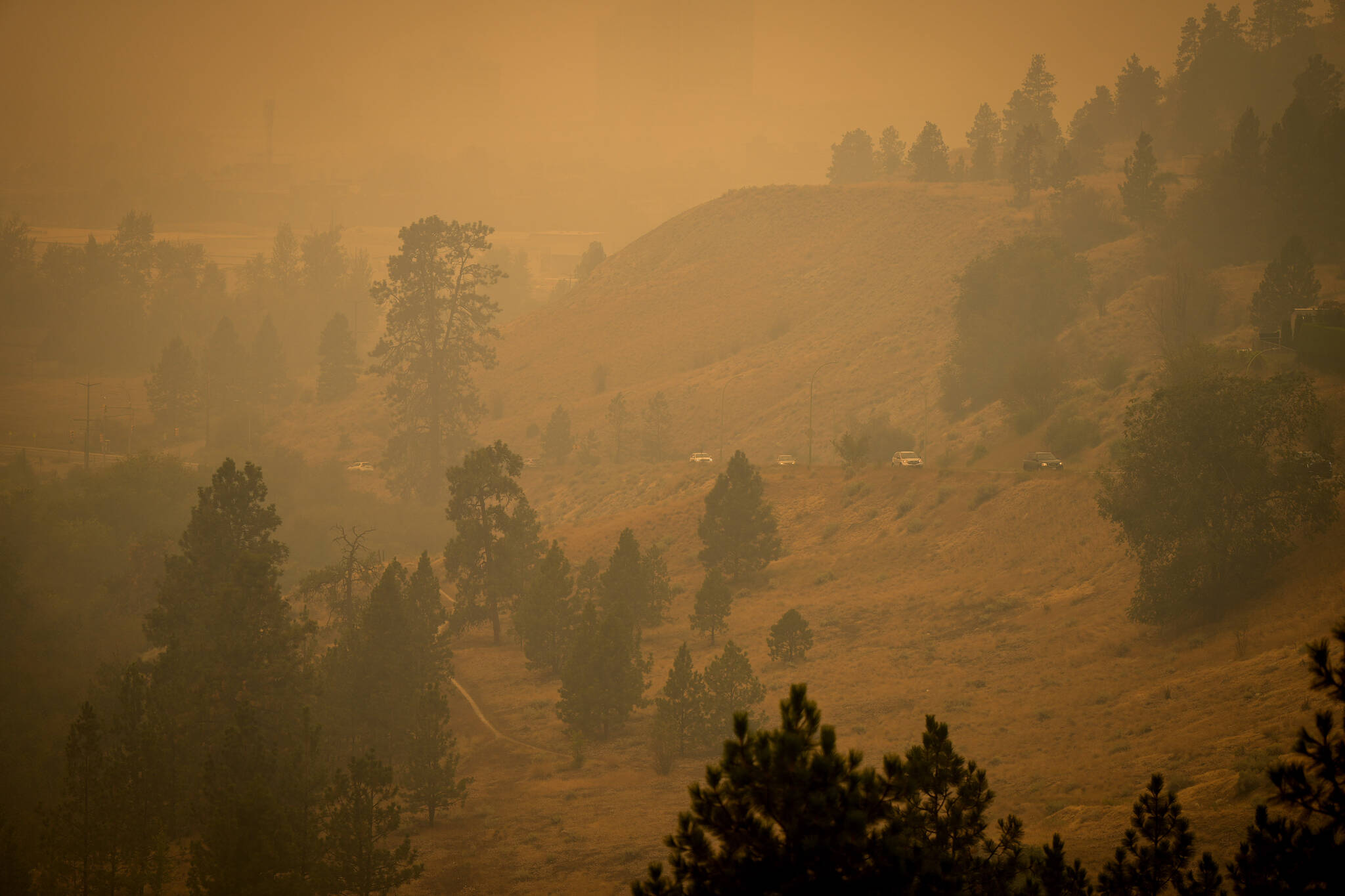 Smoke from wildfires fills the air as motorists travel on a road on the side of a mountain, in Kelowna, B.C. (THE CANADIAN PRESS/Darryl Dyck)