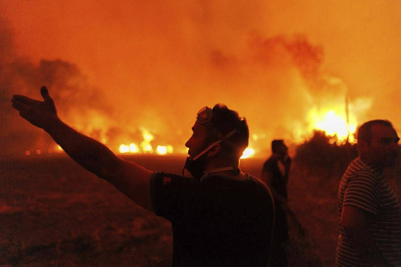 People react as they try to extinguish a wildfire in Avantas village, near Alexandroupolis town, in the northeastern Evros region, Greece, Monday, Aug. 21, 2023. Gale-force winds are fanning the flames of wildfires across Greece, including 53 new blazes that broke out early Monday amid hot, dry and windy weather that has sucked moisture from vegetation. (AP Photo/Achilleas Chiras)