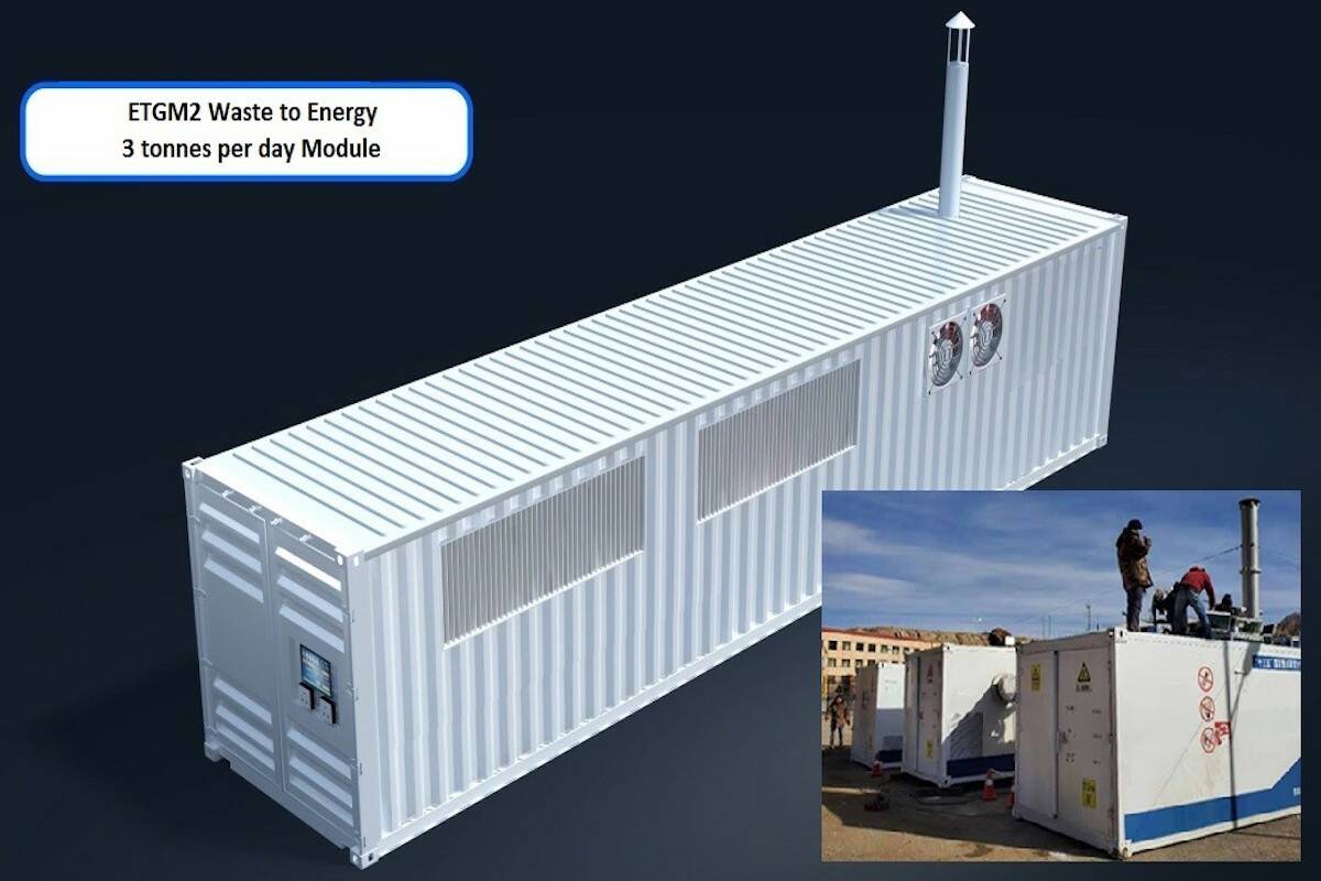 One of ETGM2’s modular gasification systems that the Calgary-based company said could be utilized by the CRD in addressing its biosolids. (Courtesy of ETGM2)