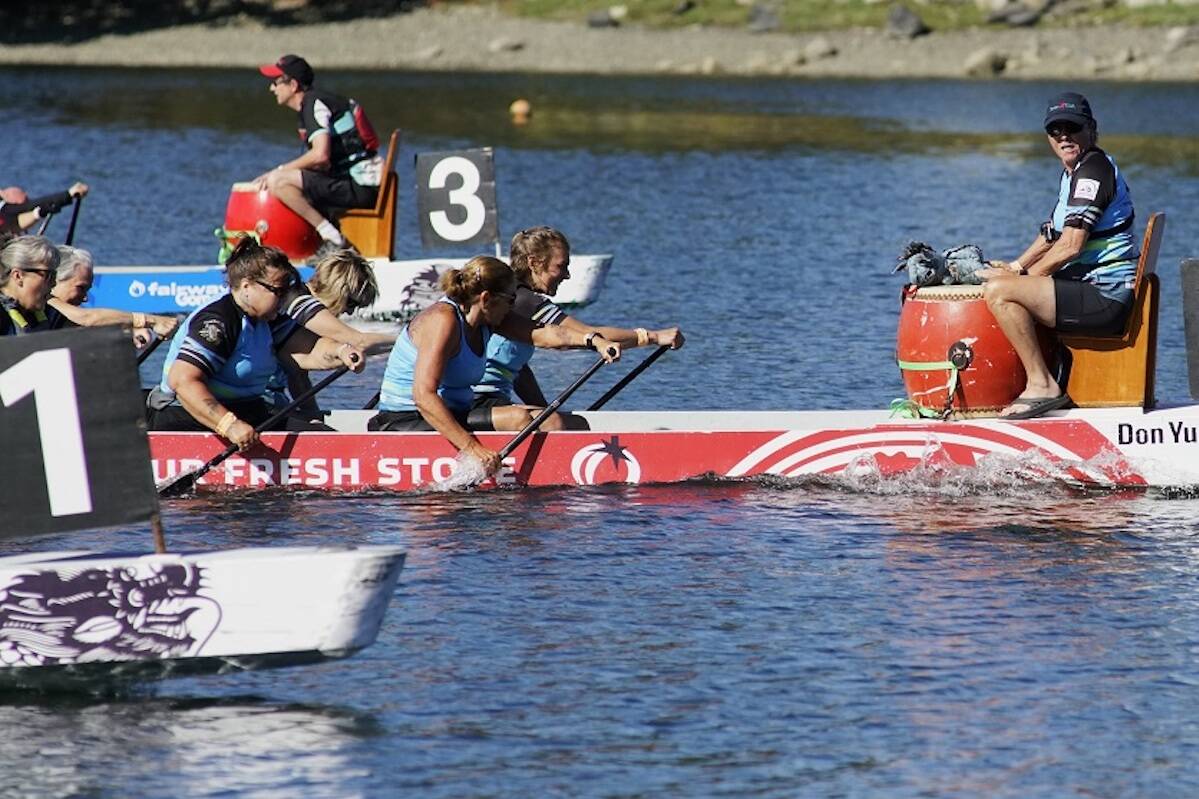 Paddlers rush through the water at last year’s Vancouver Island Dragon Boat Festival. (Ian Faris photo)