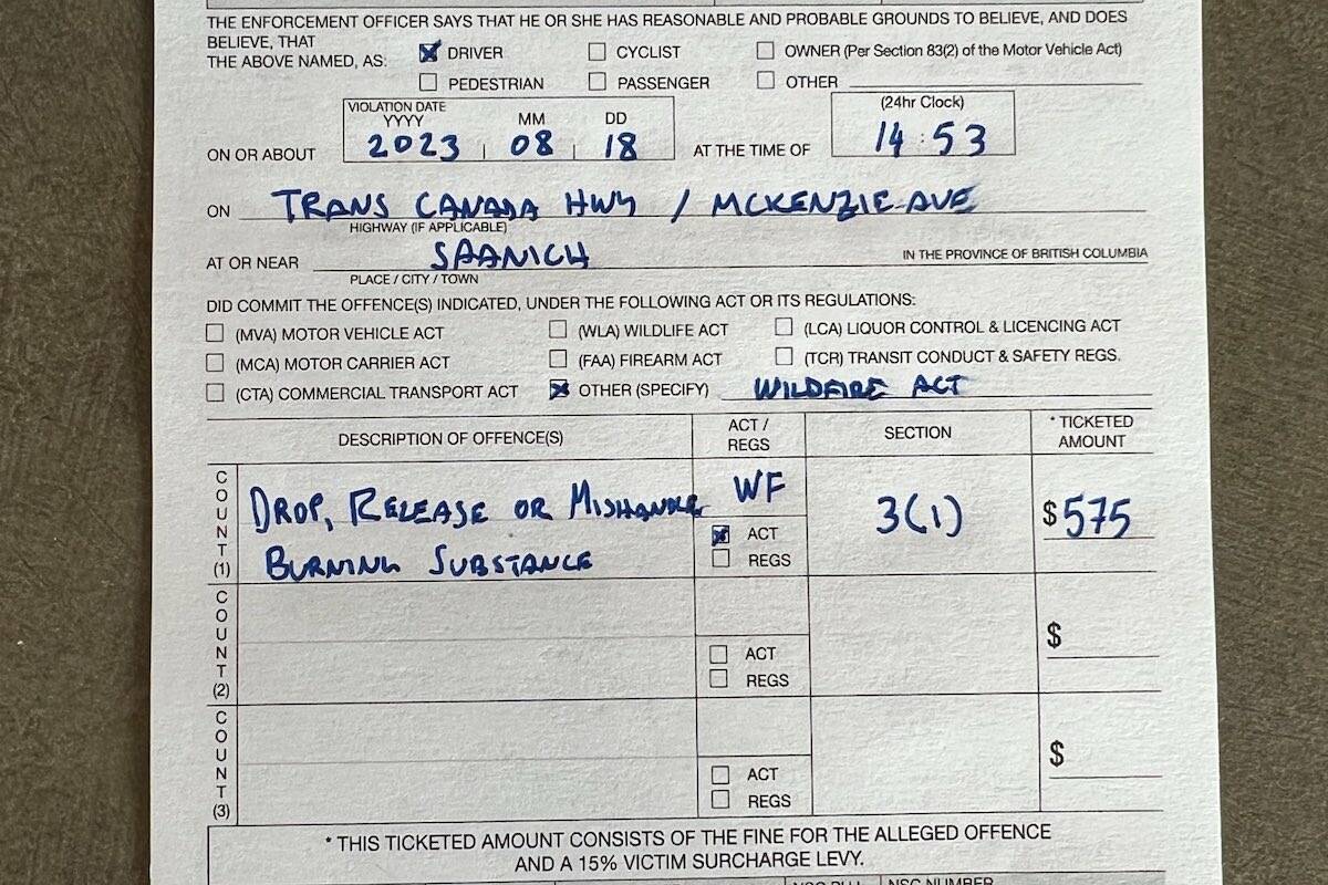 Saanich PD ticketed a driver under the provincial Wildfire Act for throwing a cigarette butt out their car window. (Saanich PD)