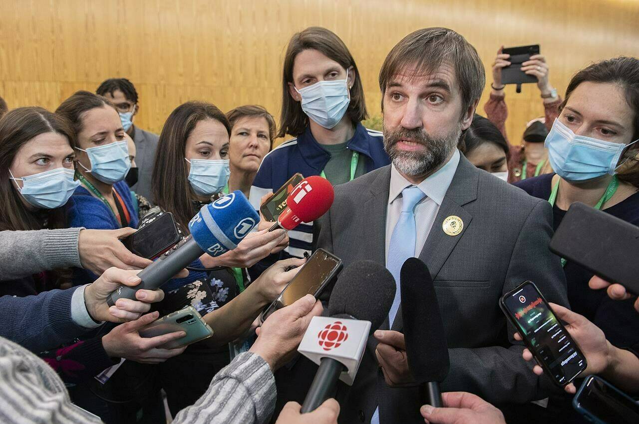 Steven Guilbeault, Minister of Environment and Climate Change of Canada speaks to reporters at the COP15UN Biodiversity Conference in Montreal, Sunday, December 18, 2022. THE CANADIAN PRESS/Graham Hughes