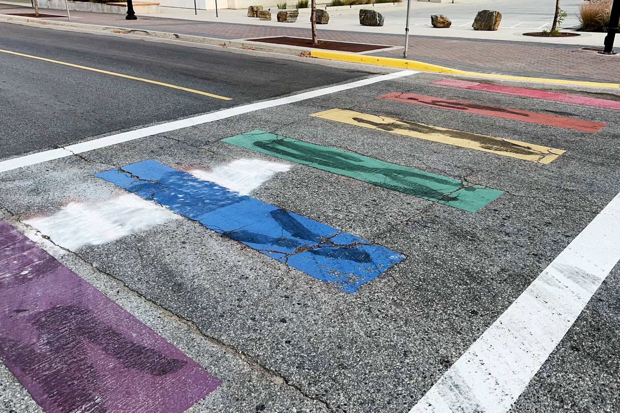 On Saturday, Aug. 26, vandals spray-painted the rainbow crosswalk on Main Street in Summerland. Municipal crews quickly cleaned up the crosswalk following the incident. (John Arendt - Summerland Review)
