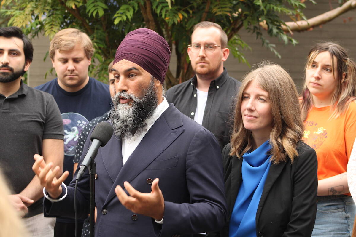 NDP Leader Jagmeet Singh talks housing at the University of Victoria on Aug. 30. (Jake Romphf/News Staff)