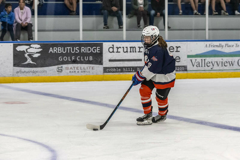 Quite possibly the first female position player ever to suit up for a game with in the VIJHL, defender Aurora Kahlert, of Maple Ridge, skated with the Kerry Park Islanders for games on Aug. 26 against the Comox Valley Glacier Kings and Aug. 27 against the Saanich Predators. (Todd Blumel photo)