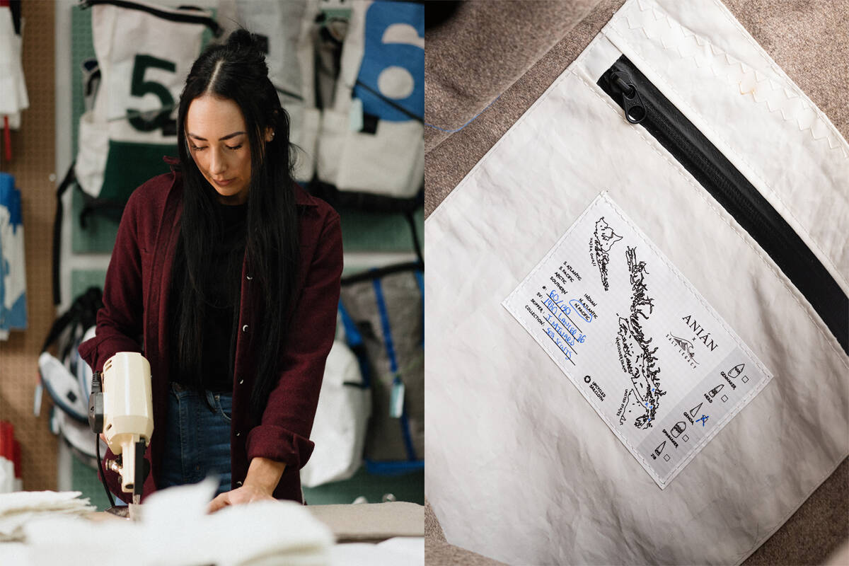 Salt Legacy founder and CEO Meaghan McDonald hand cuts a sail from Port Angeles that went into a tote bag the upcycling company collaborated on with fellow Victoria enterprise ANIAN. (Courtesy of ANIAN)