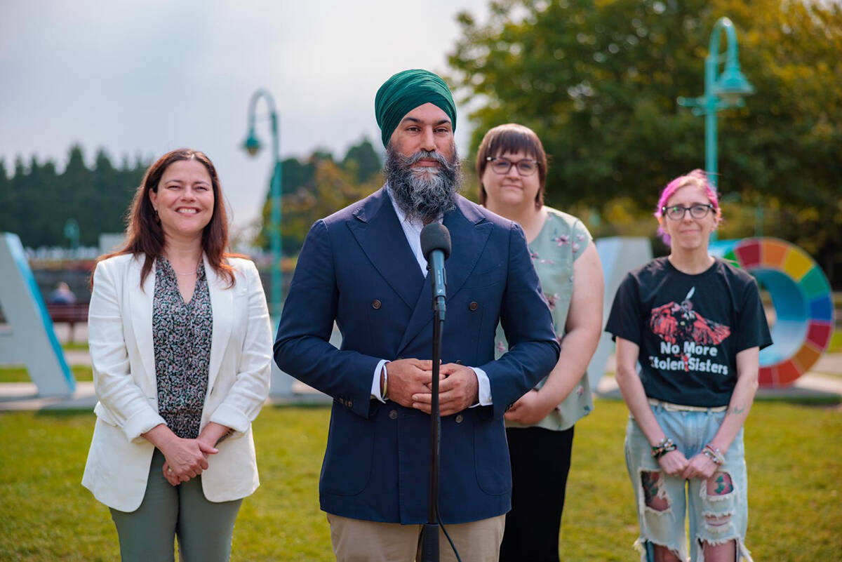 Nanaimo-Ladysmith MP Lisa Marie Barron joins NDP leader Jagmeet Singh as he talks about his party’s proposal for an excess profits tax to supermarket chains to try to address high grocery prices. (Photo submitted)