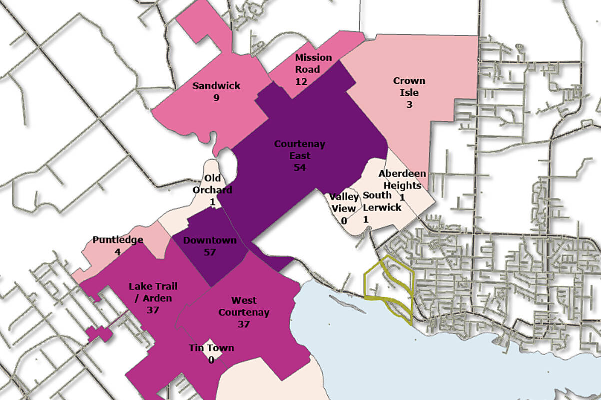 A map created by RCMP shows the distribution of violent crime files in the city of Courtenay for the period of April 1 to June 30, 2023. (Comox Valley RCMP photo)
