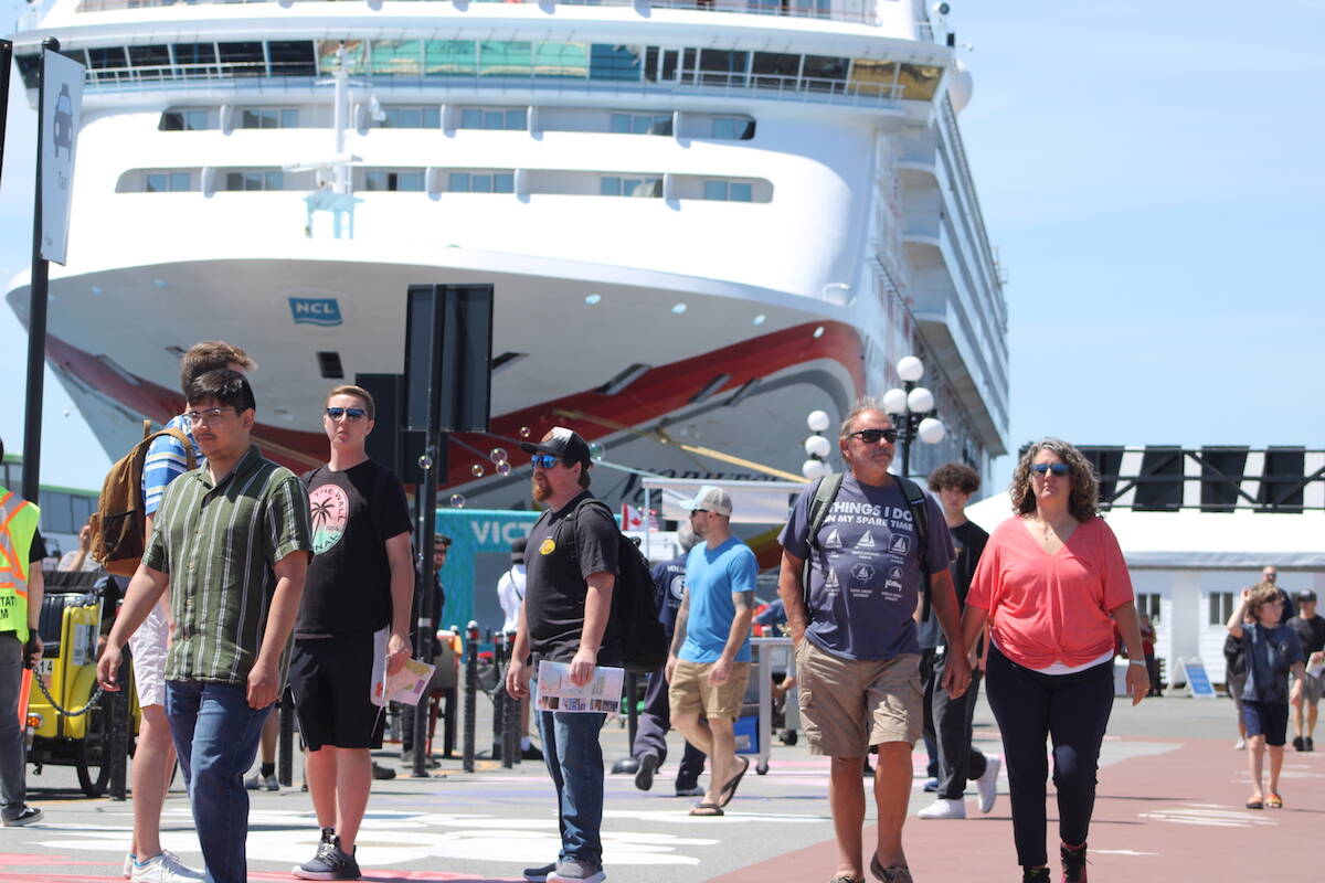 The Norwegian Sun cruise ship’s passengers were set to get about a 10-hour stay in Victoria as the vessel docked at Ogden Point on July 18. (Jake Romphf/News Staff)