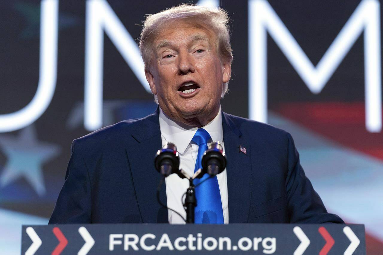Former President Donald Trump speaks during the Pray Vote Stand Summit, Friday, Sept. 15, 2023, in Washington. (AP Photo/Jose Luis Magana)