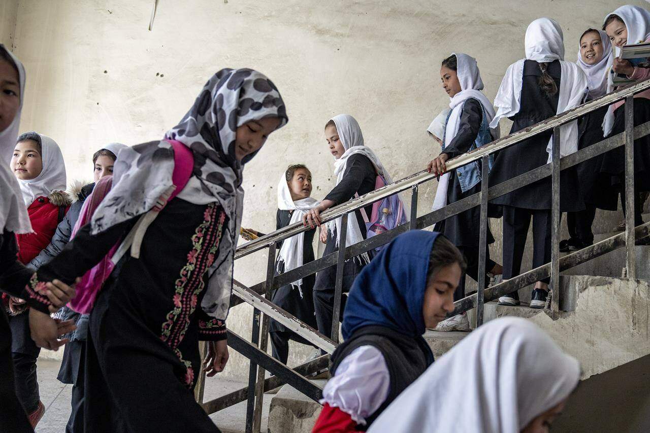 Girls attend school on the first day of the new school year, in Kabul, Afghanistan, on March 25, 2023. Two years after the Taliban banned girls from school beyond sixth grade, Afghanistan is the only country in the world with restrictions on female education. Now, the rights of Afghan women and children are on the agenda of the United Nations General Assembly Monday, Sept. 18, 2023, in New York. (AP Photo/Ebrahim Noroozi, File)