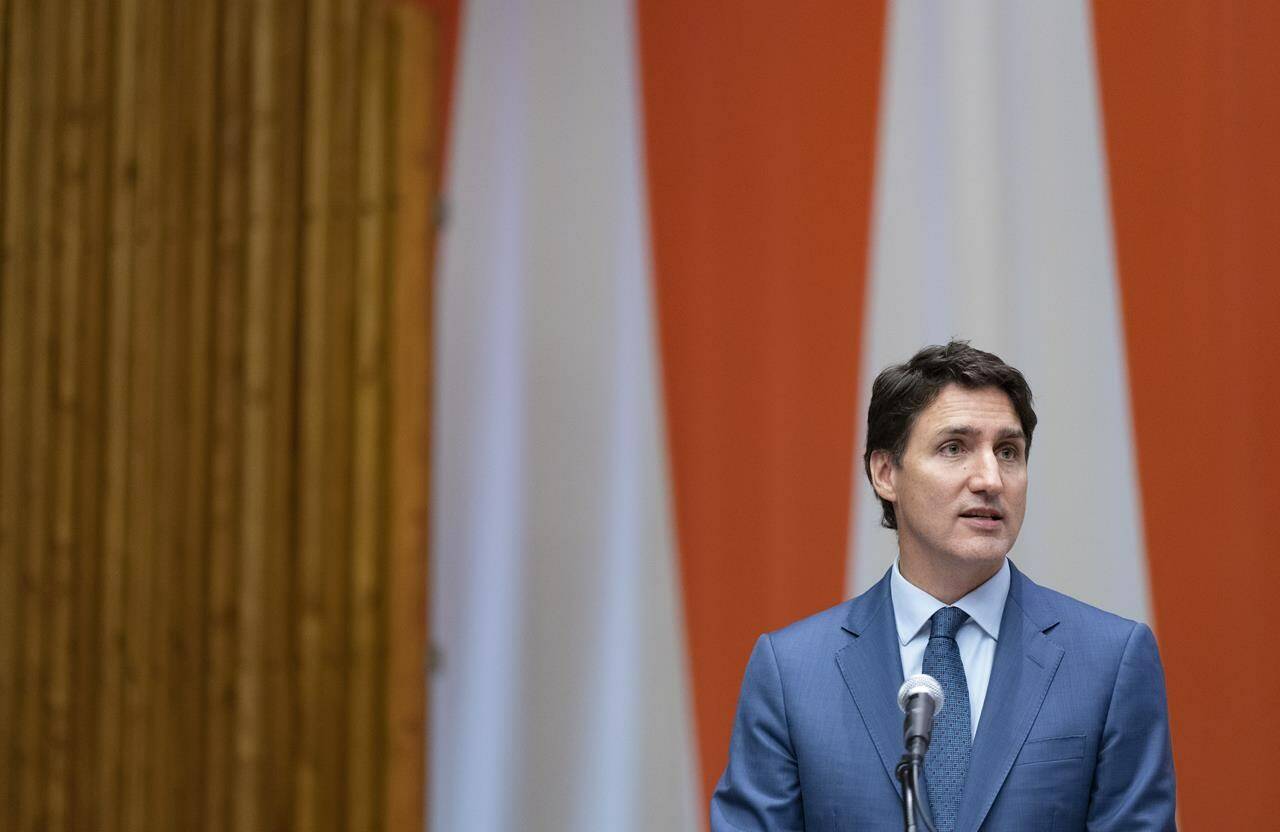 Prime Minister Justin Trudeau addresses the World Law Congress at the United Nations, Friday, July 21, 2023. Trudeau returns to the UN on Tuesday for two days of meetings with world leaders, environmental crusaders and civil-society luminaries at a time when urgent climate priorities and geopolitical uncertainty are likely to dominate the agenda.THE CANADIAN PRESS/Christinne Muschi