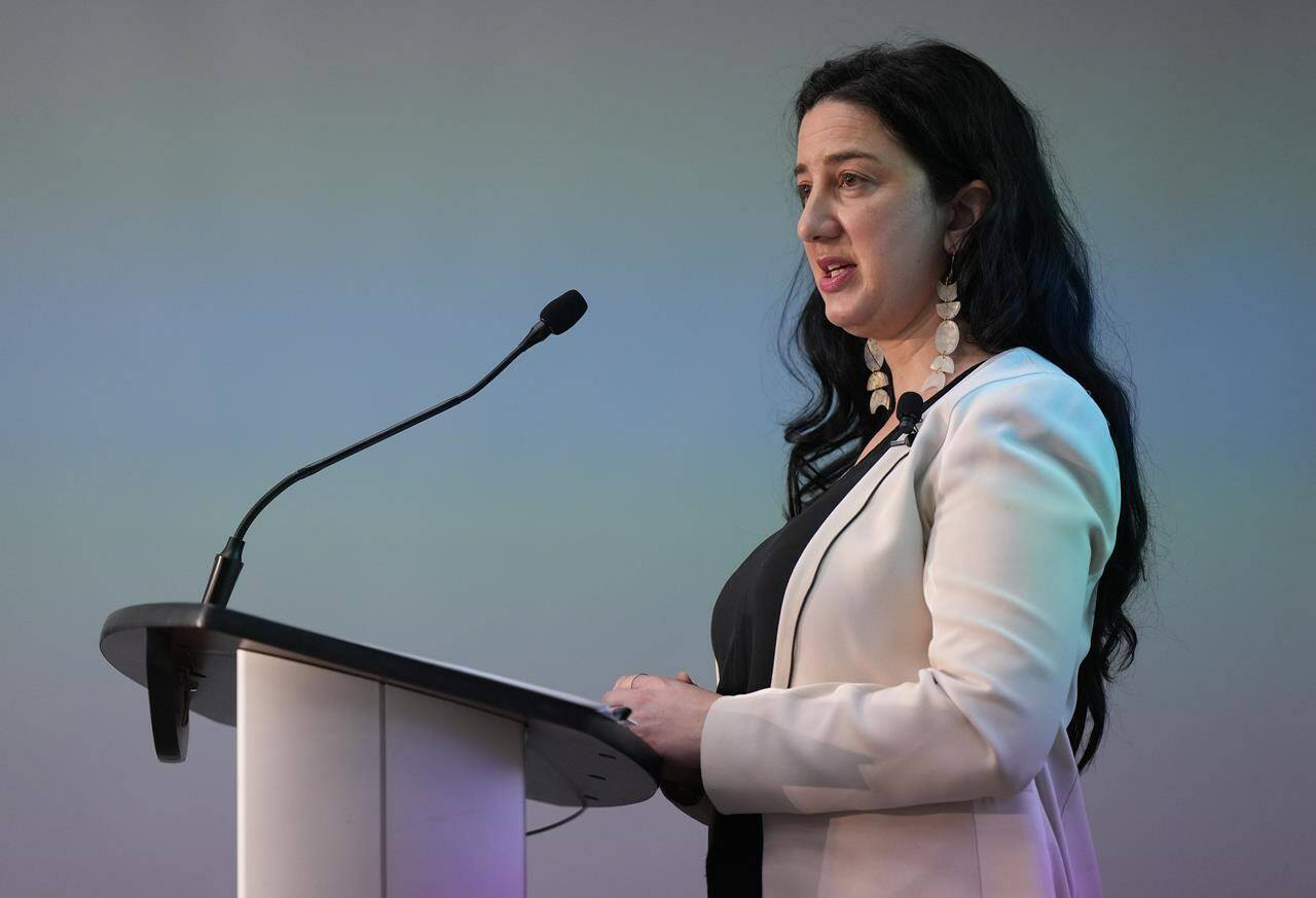 Kasari Govender, B.C. Human Rights commissioner, here seen speaking after releasing the final report on her inquiry into hate during the COVID-19 pandemic in Vancouver in March 2023, has issued a statement that says the human rights of trans and LGBTQ2SAI+ people are not up for debate. (THE CANADIAN PRESS/Darryl Dyck)