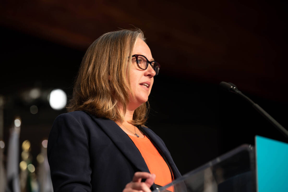 UBCM president Jen Ford, here speaking at the 2022 convention, is calling for a fundamental re-working of the relationship between municipalities and senior spheres of government to deal with the housing crisis. (UBCM/Flickr)