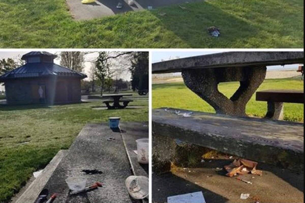 In this photo posted to social media on May 2, needles and other garbage can be seen left on a picnic table near the playground at the Parksville Community Park. - Facebook photo