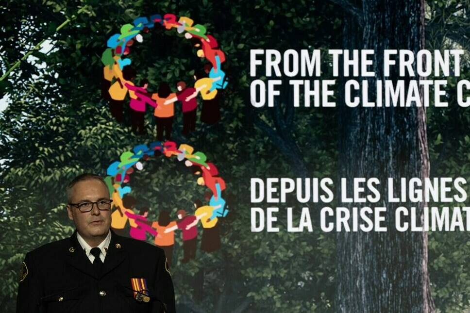 West Kelowna fire Chief Jason Brolund speaks at the Global Carbon Pricing Challenge event at the United Nations, Wednesday, September 20, 2023 in New York. The federal government is hoping Canada’s devastating wildfire season sparks momentum for carbon pricing at the United Nations.THE CANADIAN PRESS/Adrian Wyld