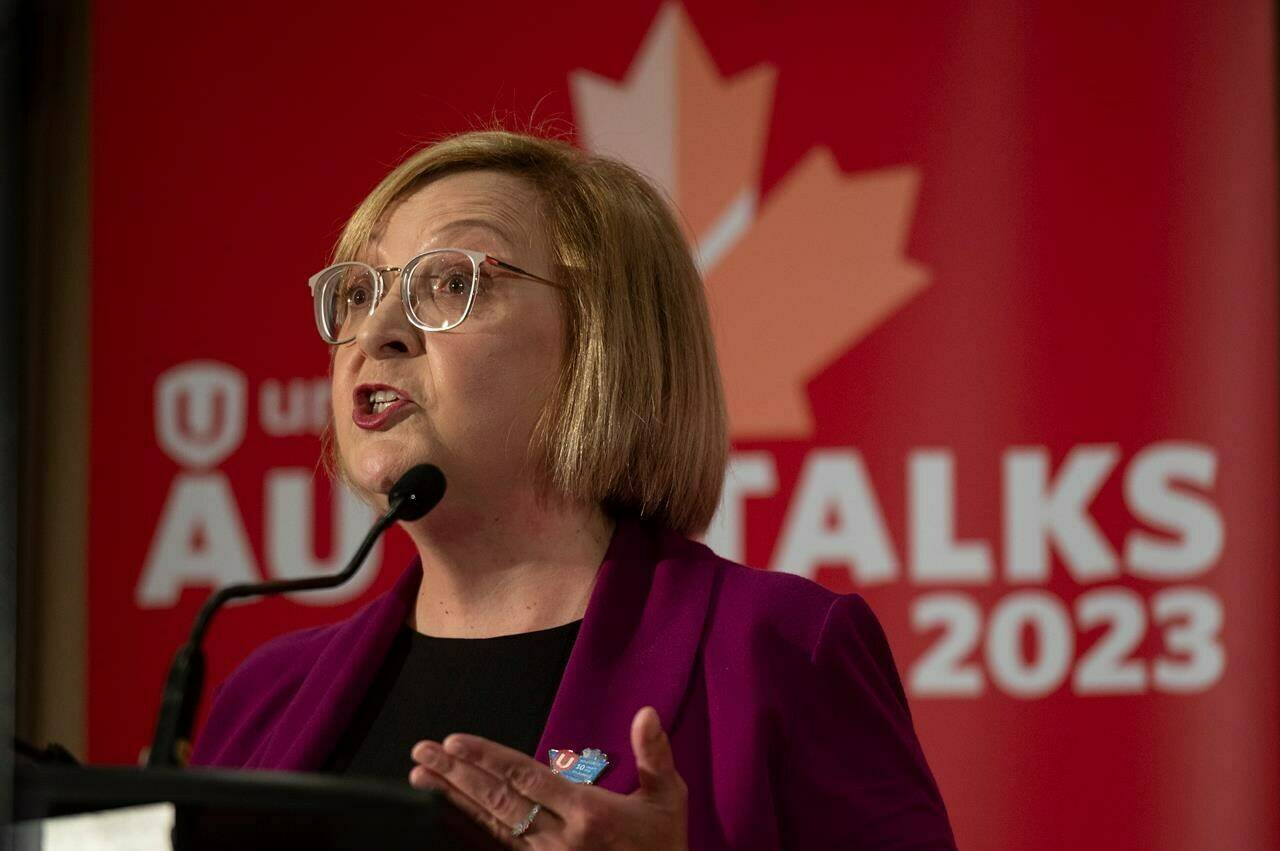 Unifor national president Lana Payne attends a news conference in Toronto, Tuesday, Aug. 29, 2023. Unionized workers at Ford Motor Co. of Canada have ratified a three-year agreement. Payne issued a statement today saying the deal will mean tremendous gains for autoworkers. THE CANADIAN PRESS/Tijana Martin