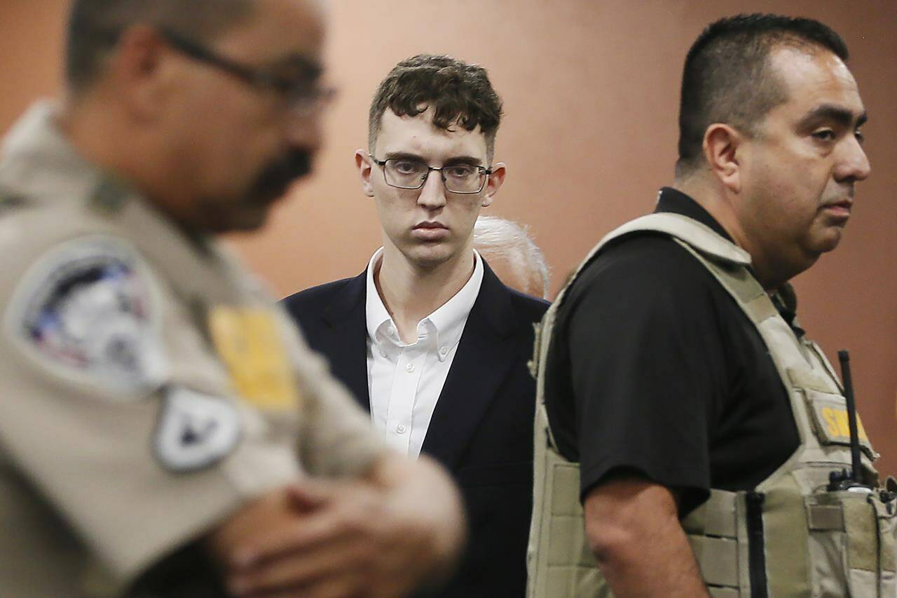 FILE - El Paso Walmart shooting suspect Patrick Crusius pleads not guilty during his arraignment, Oct. 10, 2019, in El Paso, Texas. On Monday, Sept. 25, 2023, Crusius, the white gunman who killed 23 people in a racist attack on Hispanic shoppers at a Texas Walmart in 2019, agreed to pay more than $5 million to families of the victims. (Briana Sanchez/The El Paso Times via AP, Pool, File)