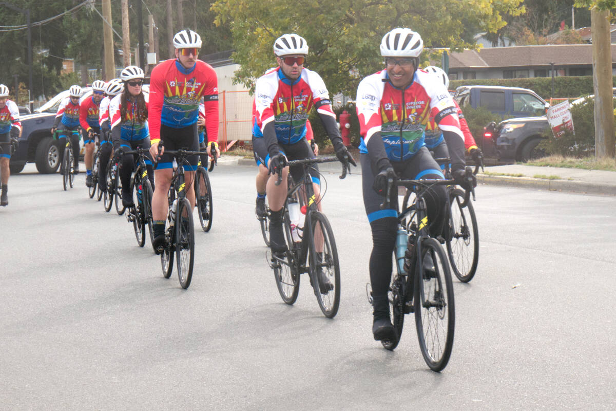 The 2023 Tour de Rock team rolls on after a stop at Thrifty Foods in Parksville on Sept. 28. (Kevin Forsyth photo)