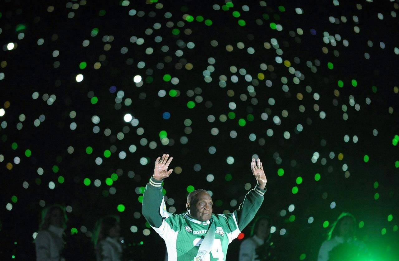 Saskatchewan Roughriders great George Reed addresses the crowd following the last ever game at Mosaic Stadium in Regina on Saturday, Oct. 29, 2016. THE CANADIAN PRESS/Mark Taylor