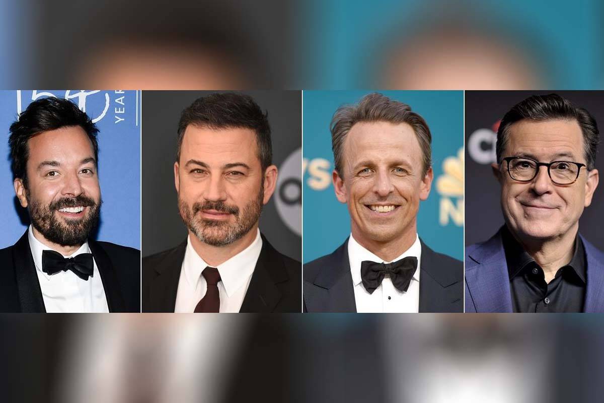 This combination of images shows, from left, Jimmy Fallon, Jimmy Jimmy Kimmel, Seth Meyers, and Stephen Colbert. The late-night hosts are scheduled to return to the air on Monday, Oct. 2, 2023, the first time in five months that they’ll have new shows due the writers strike, which concluded last week. (AP Photo)