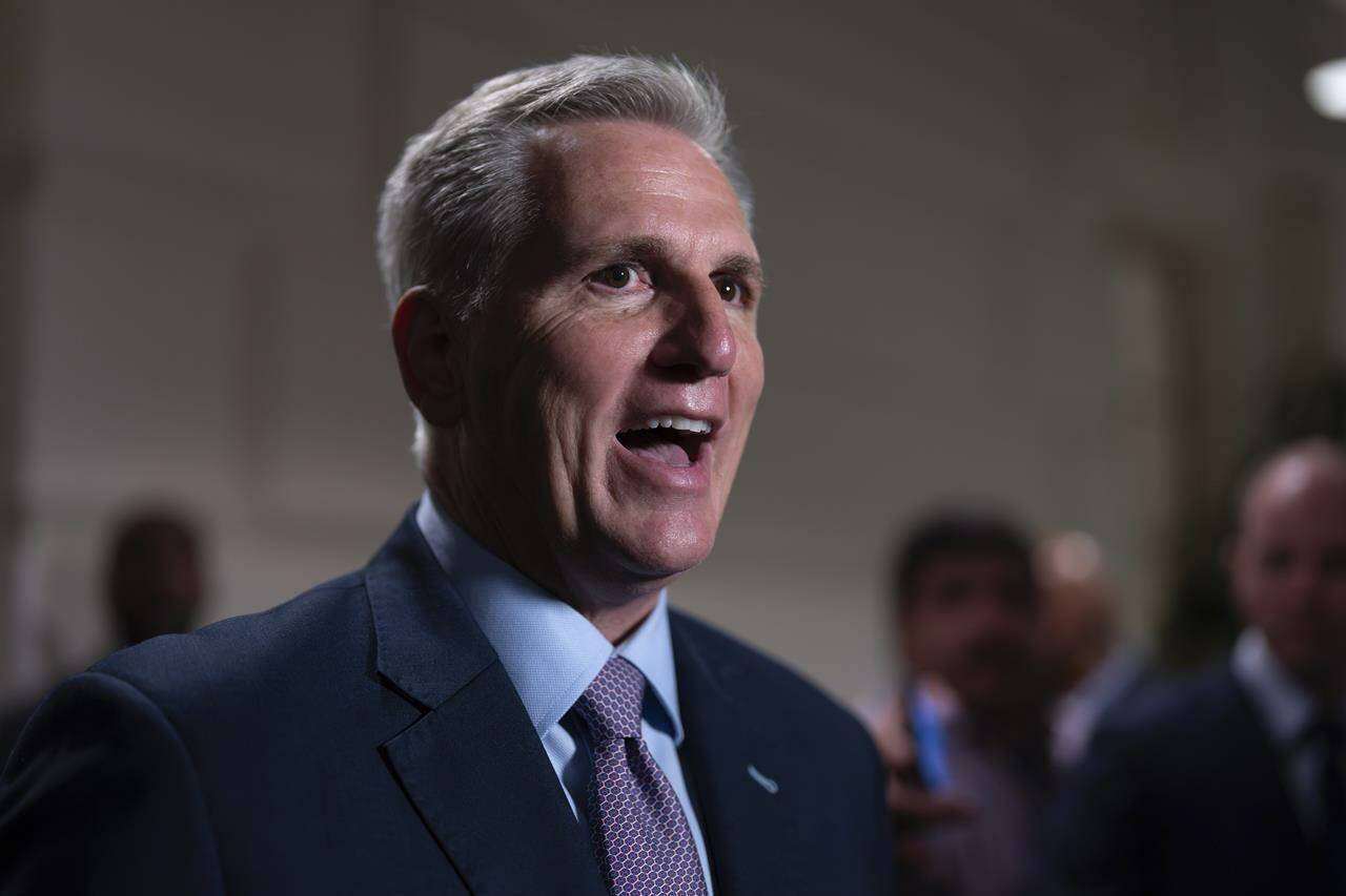 Speaker of the House Kevin McCarthy, R-Calif., talks to reporters after a closed-door meeting with Rep. Matt Gaetz, R-Fla., and other House Republicans after Gaetz filed a motion to oust McCarthy from his leadership role, at the Capitol in Washington, Tuesday, Oct. 3, 2023. (AP Photo/J. Scott Applewhite)