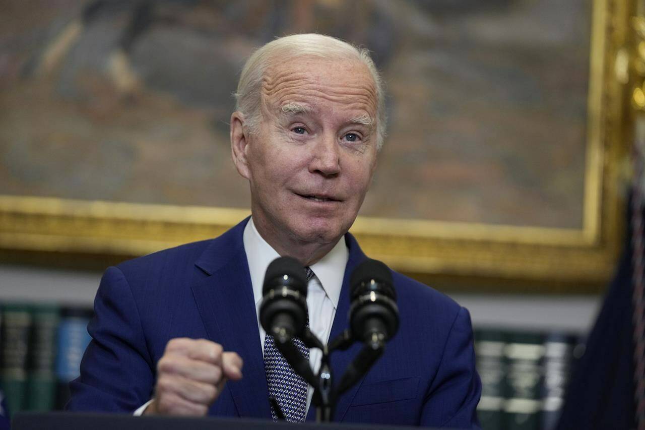 President Joe Biden speaks in the Roosevelt Room of the White House, Sunday, Oct. 1, 2023, in Washington. (AP Photo/Manuel Balce Ceneta)