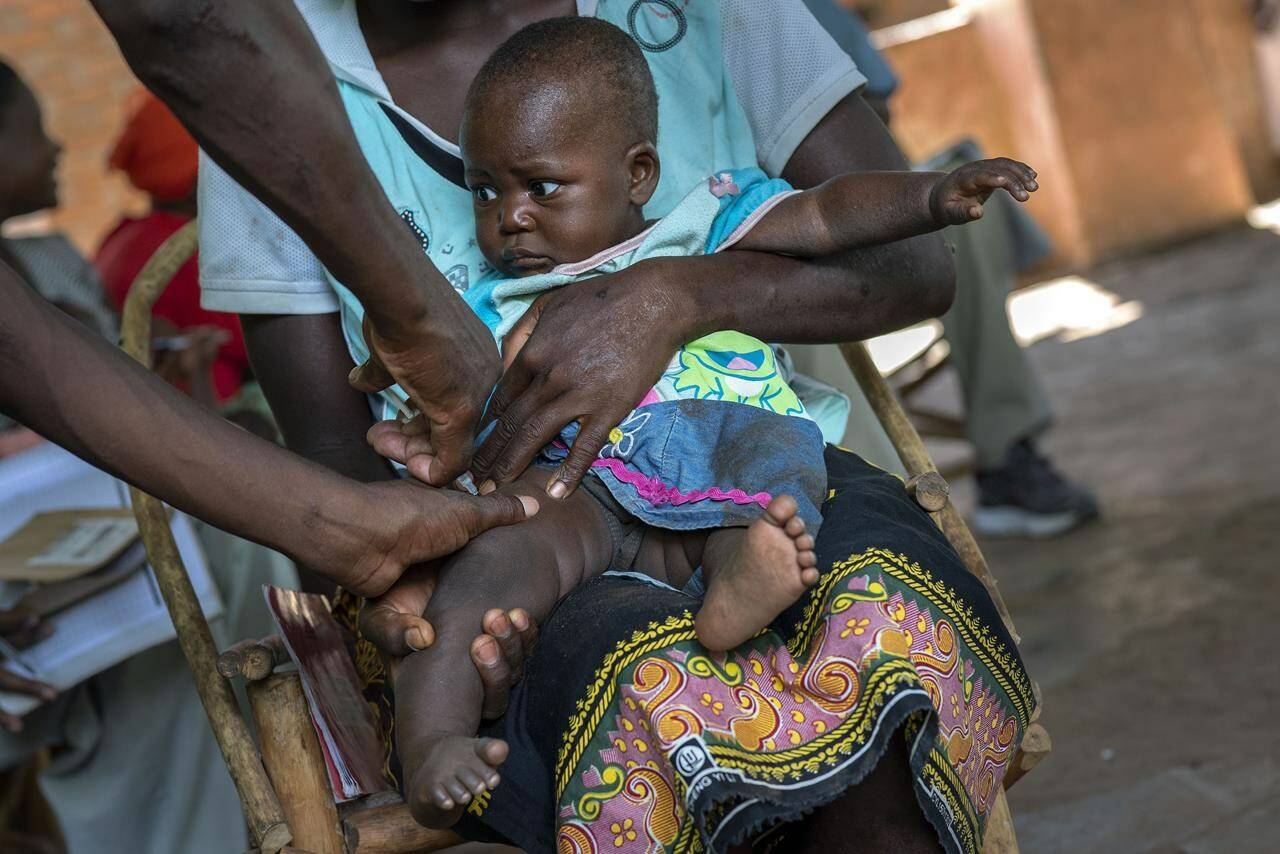 FILE - A baby from the Malawi village of Tomali is injected with the world’s first vaccine against malaria in a pilot program, on Dec. 11, 2019. The World Health Organization authorized a second malaria vaccine on Monday, Oct. 2, 2023 a decision that could offer countries a cheaper and more effective option than the world’s first shot against the parasitic disease. (AP Photo/Jerome Delay, File)