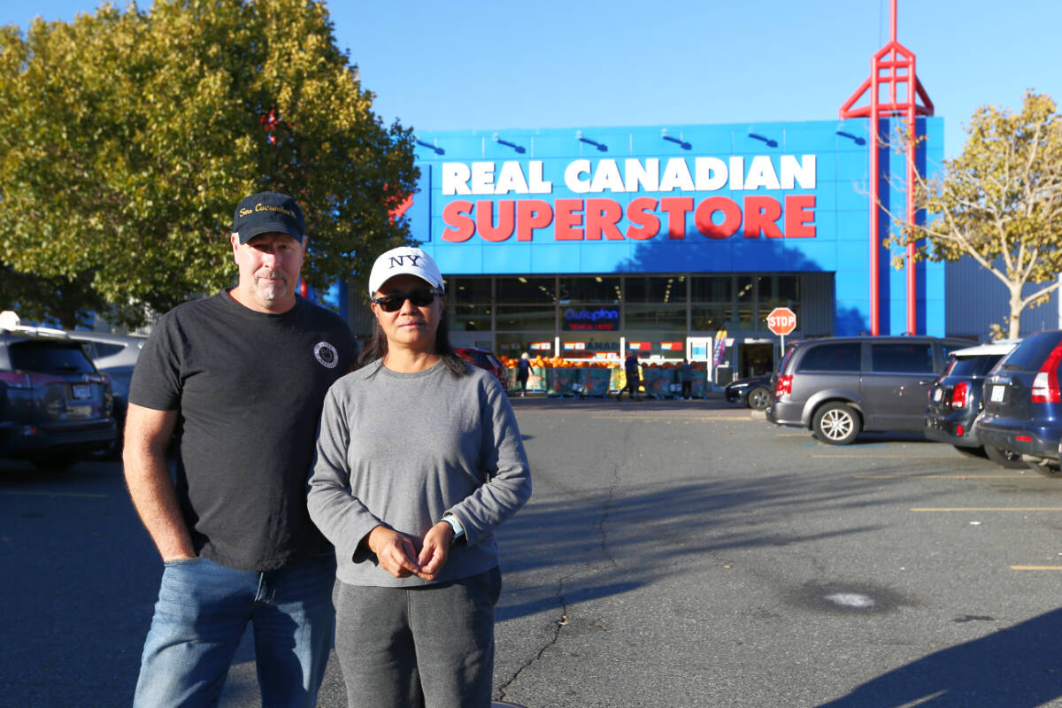 Rich Barron and Brenda Urquiaga say an apology from Loblaw does not do enough to repair the harm caused by Urquiaga’s wrongful ejection from the Langford Real Canadian Superstore in August, which they say was a case of racial profiling. (Justin Samanski-Langille/News Staff)