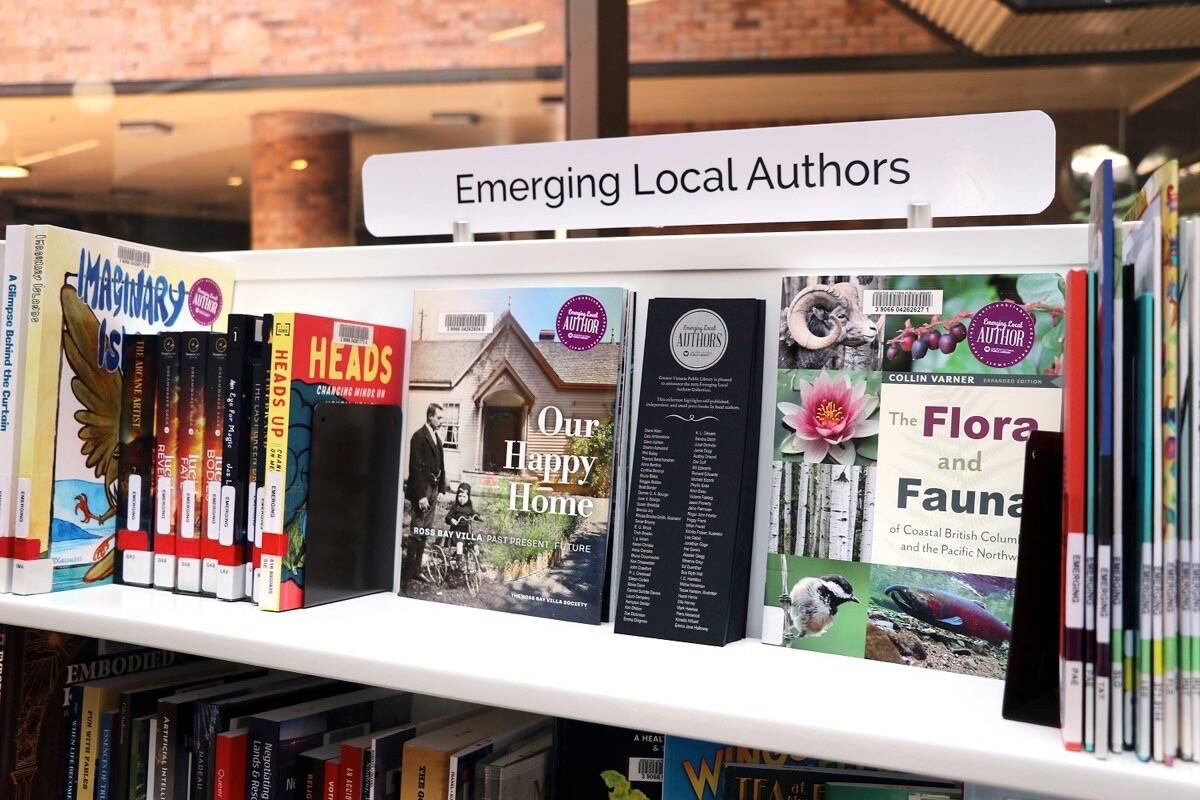 Print books from the Greater Victoria Public Library’s 2023 Emerging Local Authors Collection are currently displayed at the Central Branch. (Courtesy GVPL)