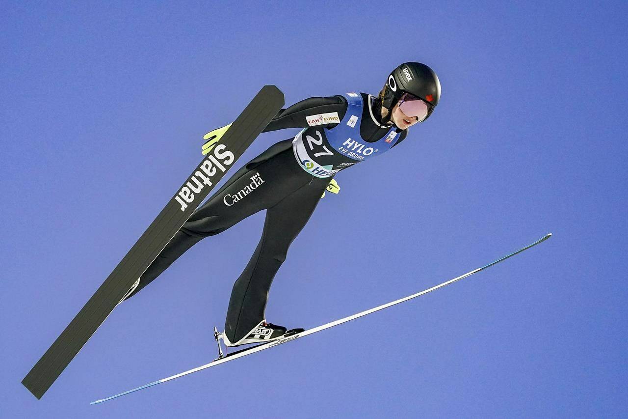 Alexandria Loutitt from Canada during the RAW AIR women’s ski jumping HS 124 during the Holmenkollen Ski Festival , Oslo, Norway, Saturday March 11, 2023. Loutitt fell well short of a victory on Saturday but still managed to become the first Canadian to stand on the overall podium in the Grand Prix Summer Series. THE CANADIAN PRESS/Geir Olsen/NTB via AP