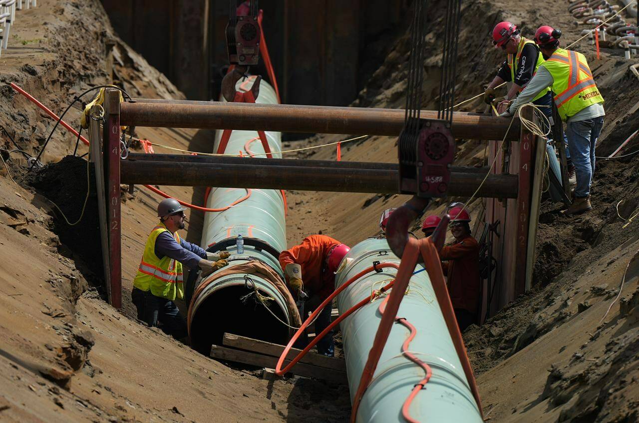 Construction on the Trans Mountain pipeline near Pípsell, or Jacko Lake, near Kamloops, B.C., resumed after the Canada Energy Regulator allowed for the company to alter the pipeline route. Workers lay pipe during construction of the Trans Mountain pipeline expansion on farmland, in Abbotsford, B.C., on Wednesday, May 3, 2023. THE CANADIAN PRESS/Darryl Dyck