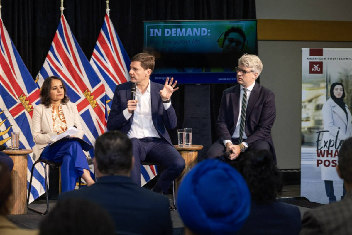 B.C. plans to introduce new legislation this fall in hopes of streamlining credential recognition for internationally trained professionals. Premier David Eby, centre, was joined by Education Minister Rachna Singh and Minister of State for Workforce Development Andrew Mercier Tuesday (Oct. 10, 2023) in Surrey. (B.C. government/Flickr)