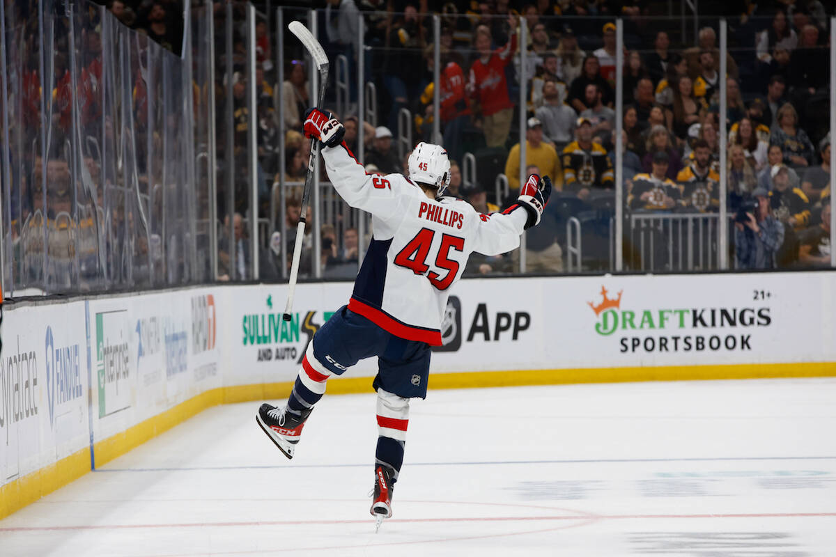 Former Victoria Royals player Matthew Phillips has cracked the Washington Capitals’ opening night roster. He’s pictured here after scoring an overtime winner during a preseason game against the Boston Bruins. (Courtesy of the Washinton Capitals/X)