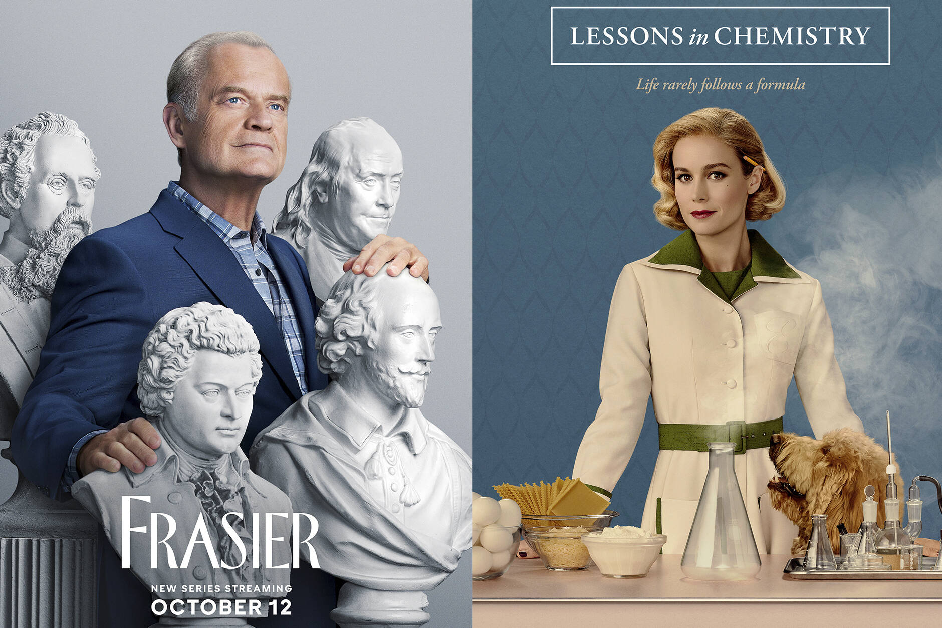 This combination of photos shows promotional art for ‘Frasier’ a series premiering Oct. 12 on Paramount+, and ‘Lessons in Chemistry, premiering Oct. 13 on Apple TV+. (Paramount+/Apple TV+/Netflix via AP)