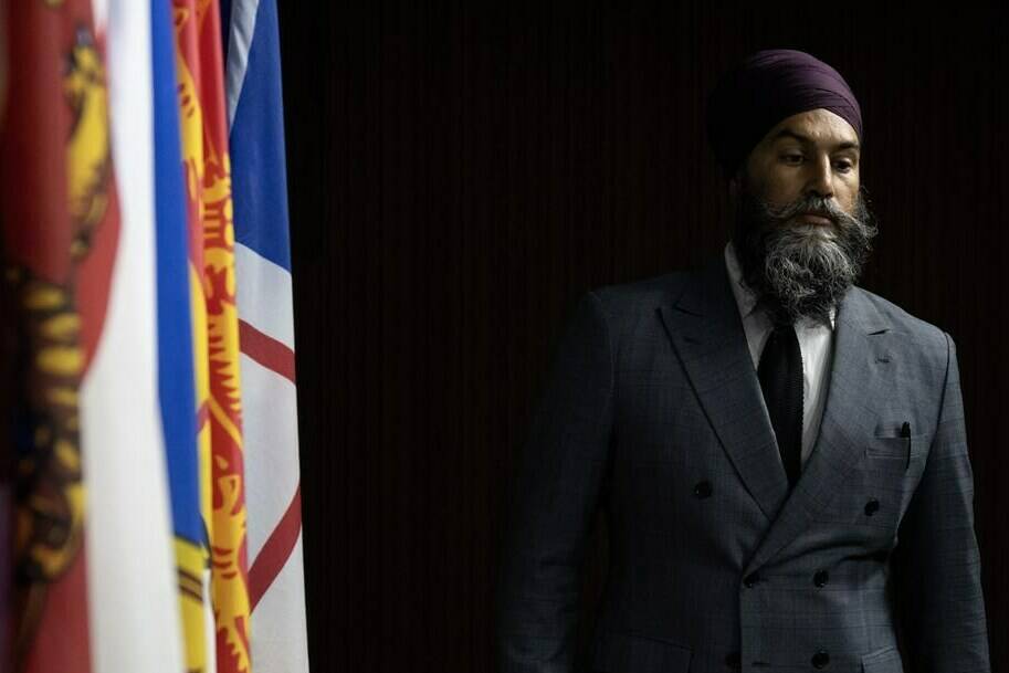 New Democratic Party leader Jagmeet Singh makes his way to the podium for a news conference on Parliament Hill, in Ottawa, Tuesday, Sept. 26, 2023. Singh, who has been head of the federal NDP since 2017, is also to face a mandatory leadership review — his first since the 2021 election – during the NDP convention Oct. 14, 2023. THE CANADIAN PRESS/Adrian Wyld