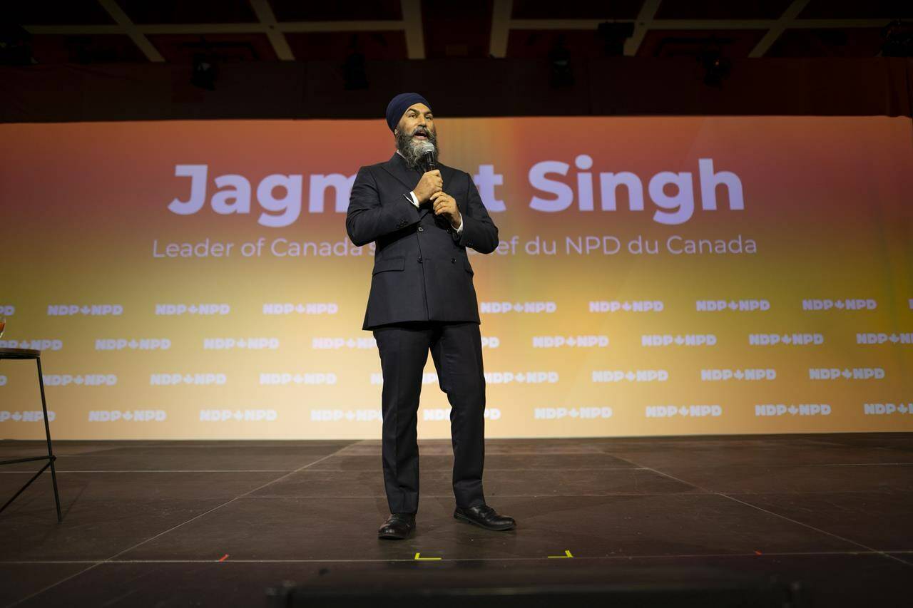 NDP Leader Jagmeet Singh during his Leadership Showcase at the NDP Convention in Hamilton, Ont. Saturday, October 14, 2023. THE CANADIAN PRESS/Peter Power
NDP Leader Jagmeet Singh during his Leadership Showcase at the NDP Convention in Hamilton, Ont. Saturday, October 14, 2023. THE CANADIAN PRESS/Peter Power