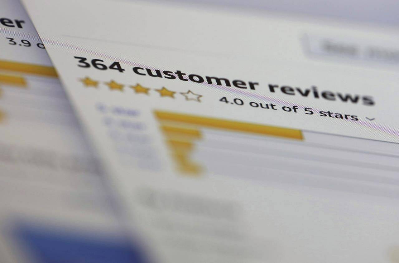 FILE - In this April 17, 2019, file photo, online customer reviews for a product are displayed on a computer in New York. Some of the most used platforms for travel and online shopping said Tuesday, Oct. 17. 2023 they’re going to team up to battle fake reviews. Amazon, reviews site Glassdoor and Trustpilot as well as travel companies Expedia Group, Booking.com and Tripadvisor announced they’re launching a group called the “Coalition for Trusted Reviews.” (AP Photo/Jenny Kane, File)