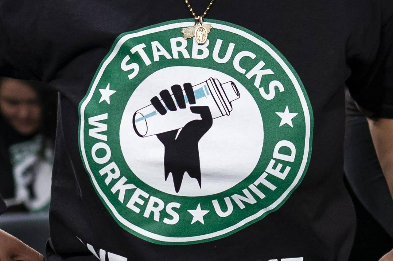 File - The Starbucks Workers United logo appears on the shirt of a person attending a hearing in Washington on March 29, 2023. Starbucks sued the union organizing its workers Wednesday, saying a pro-Palestine social media post from a union account early in the Israel-Hamas war angered hundreds of customers and damaged its reputation. (AP Photo/J. Scott Applewhite, File)