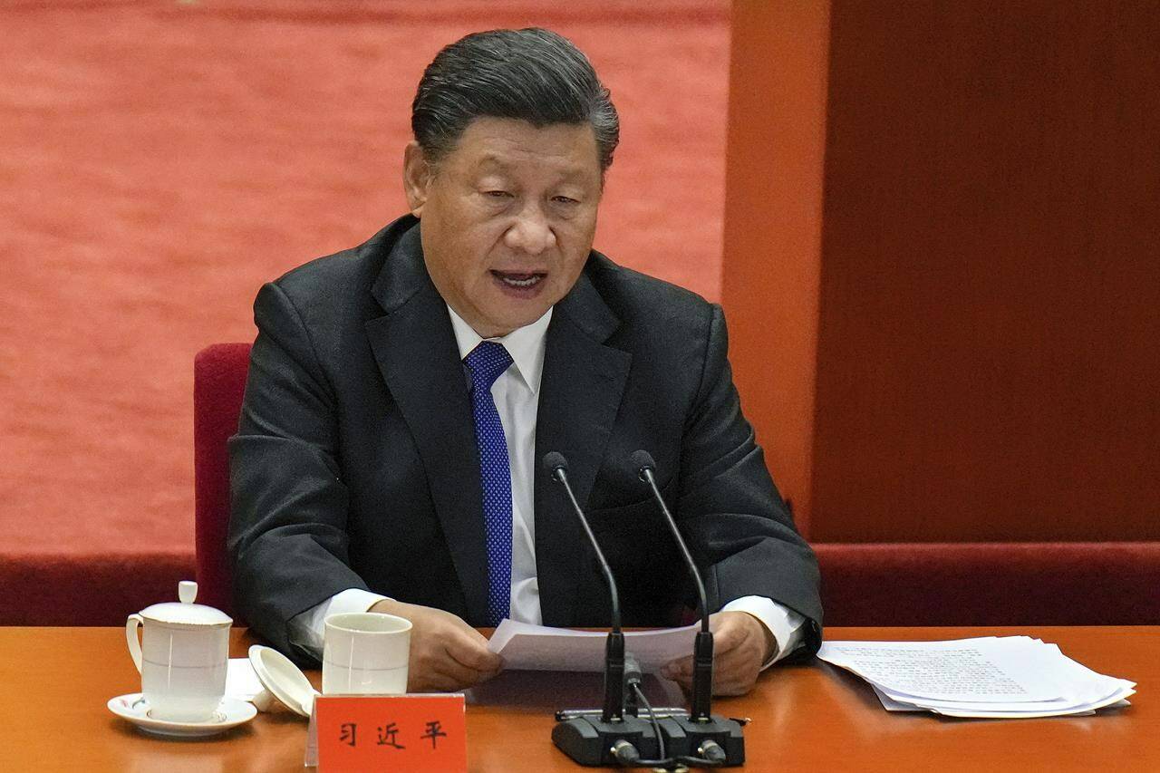 FILE - Chinese President Xi Jinping delivers a speech at an event commemorating the 110th anniversary of Xinhai Revolution at the Great Hall of the People in Beijing on Oct. 9, 2021. A new Pentagon report on China’s military power says Beijing is on track to significantly increase its nuclear weapons arsenal by 2030 and is “almost certainly” learning from Russia’s war in Ukraine. (AP Photo/Andy Wong, File)