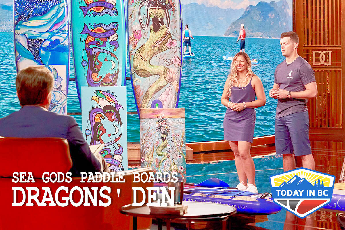 Mandy and Ryan Johnston pitching the Dragon's in the 'Den'. (CBC photo)