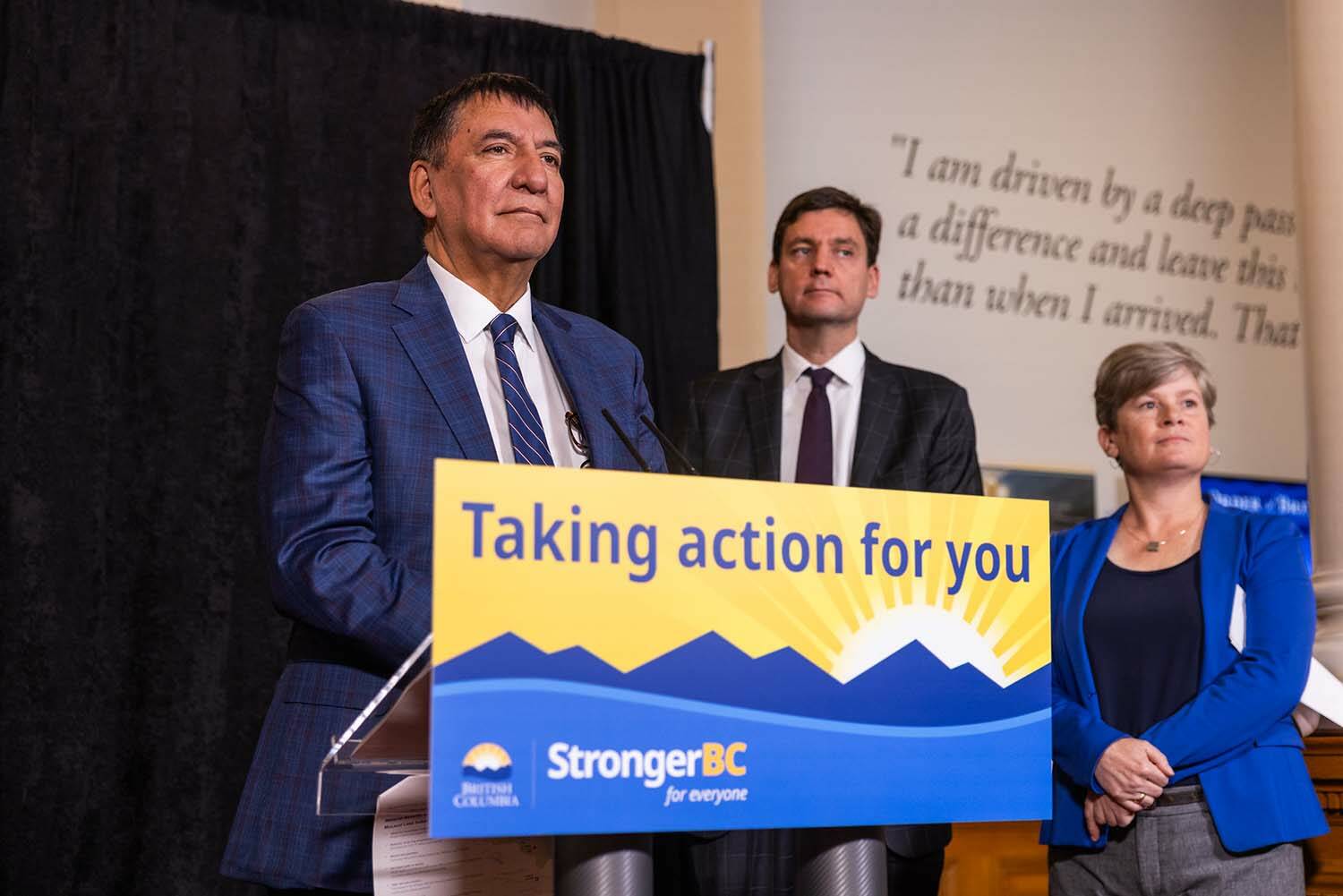 McLeod Lake Indian Band Chief Harley Chingee, Premier David Eby and Energy Minister Josie Osborne were among the participants in a ceremony Wednesday as the province and the First Nation signed a memorandum of understanding for a $7 billion proposed Tse’khene energy transition hub. (Government of B.C./Flickr)
