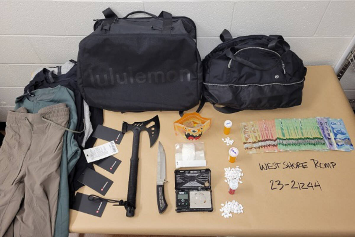 The West Shore RCMP seized drugs, weapons and cash on Oct. 15 after a driver drifted across lanes, according to RCMP. (Photo supplied/West Shore RCMP)