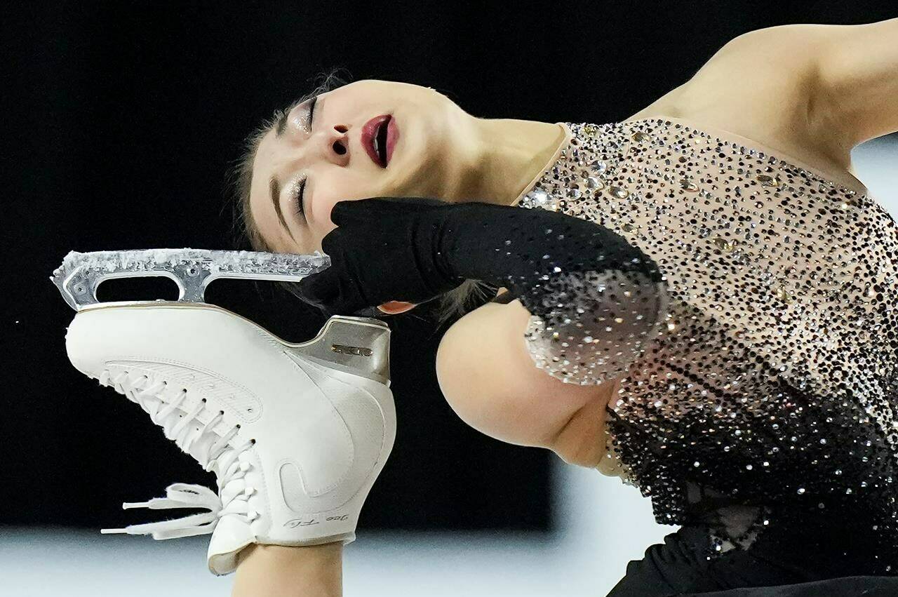 Kaori Sakamoto, of Japan, performs her women’s free program during the Skate Canada International figure skating competition, in Vancouver, on Saturday, October 28, 2023. THE CANADIAN PRESS/Darryl Dyck