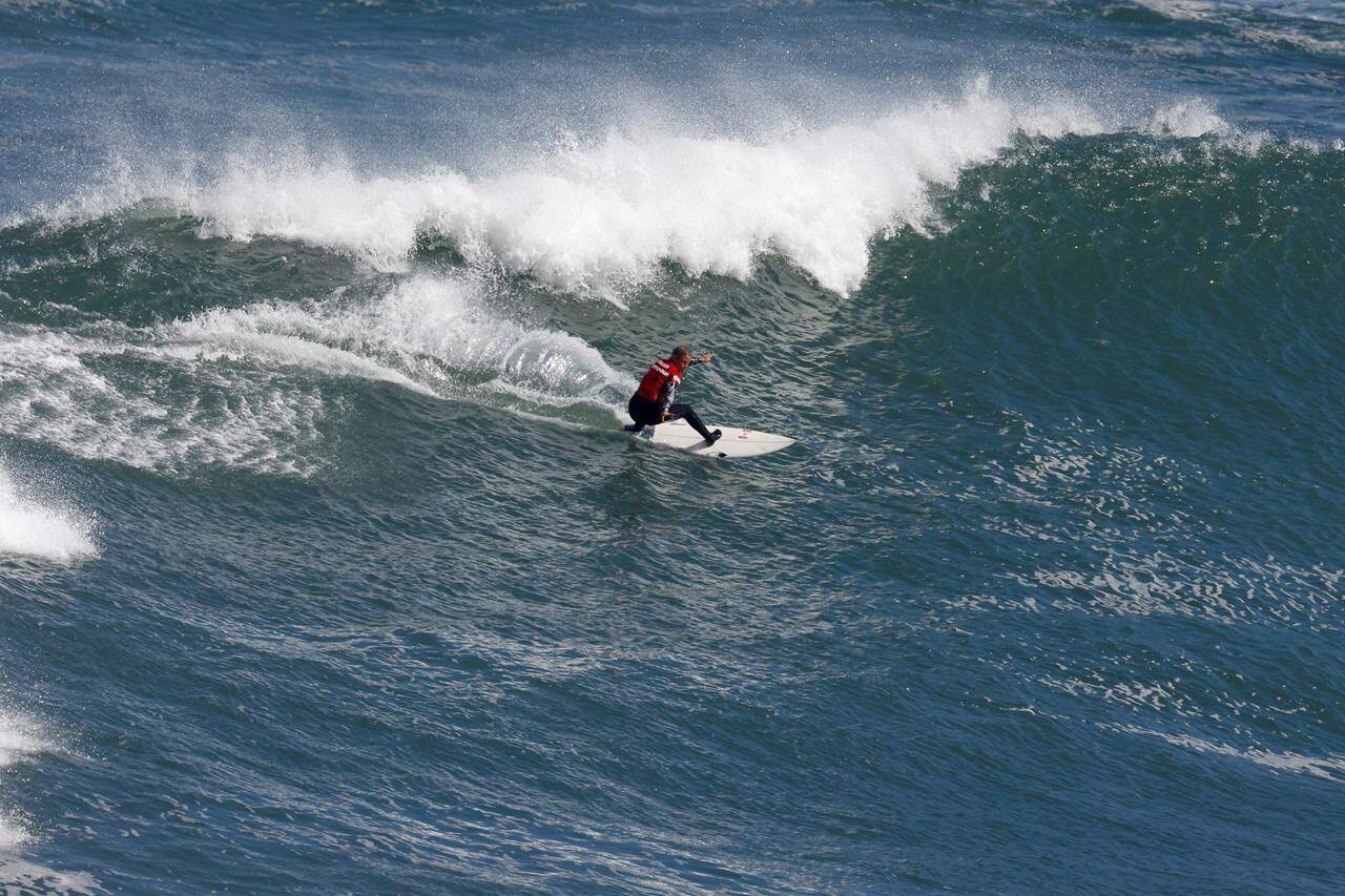 Sanoa Dempfle-Olin of Canada competes in the shortboard women’s surfing final during the Santiago 2023 Pan American Games in Pichilemu, Chile on Monday, Oct.30, 2023. THE CANADIAN PRESS-HO-Pan Am Games-Jorge Loyola