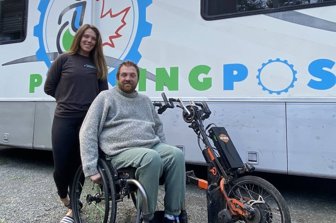 Nikki Davenport poses with her friend Kevin Mills at the Country Maples RV Park. Davenport floated the idea of the two embarking on a cross-country handcycling tour, and left from Cape Spear, Newfoundland in May. The pair camped for the night near Chemainus before heading to Mill Bay the following day and completing their journey in Victoria on Sept. 30. (Chadd Cawson/Citizen)