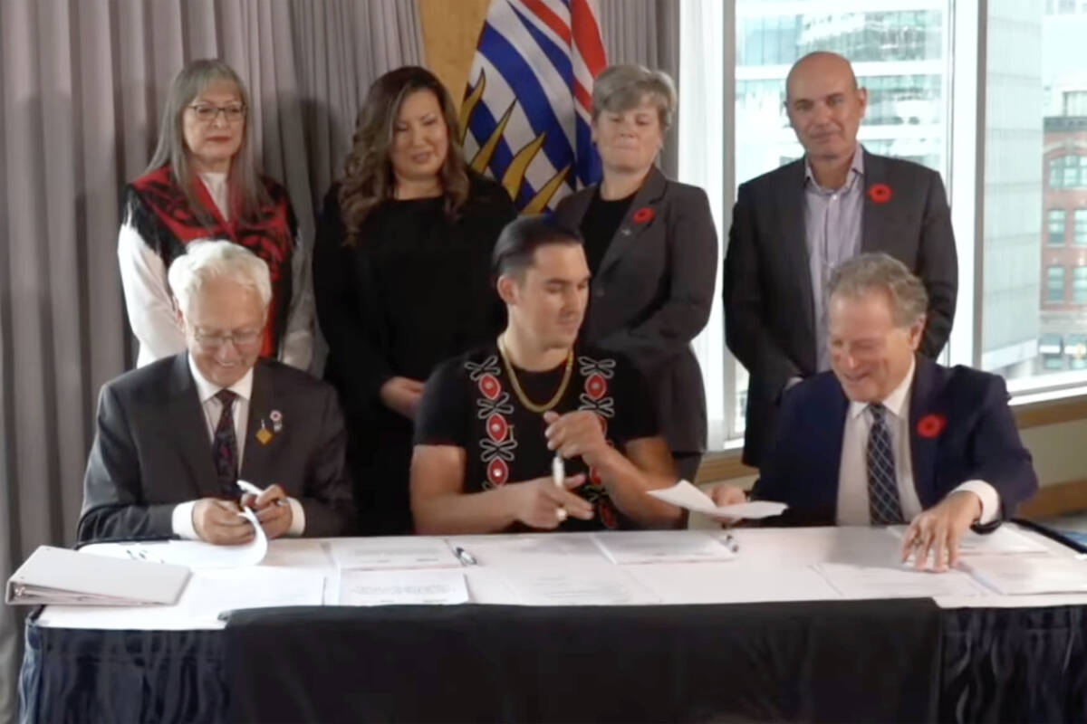 The province and the Tahltan Nation sign an consent agreement Nov. 1 on Newcrest Mining’s Red Chris expansion project. Pictured from bottom left: Murray Rankin, minister of Indigenous Relations and Reconciliation; Chad Norman Day, president, Tahltan Central Government; George Heyman, minister of Environment and Climate Change Strategy; Marie Quock, chief councillor, Iskut Band; Carmen McPhee, chief councillor, Tahltan Band; Josie Osborne, minister of Energy, Mines and Low-Carbon Innovation; Nathan Cullen, MLA for Stikine.