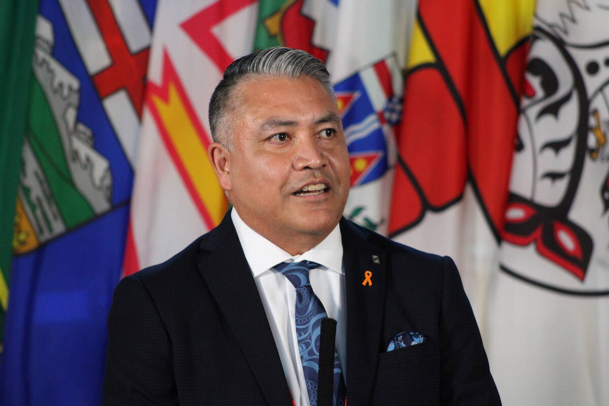 Terry Teegee, regional Chief of the B.C. Assembly of First Nations speaks at a meeting between Canada’s premiers and Indigenous leaders at the Songhees Wellness Centre on July 1, 2022. The BC Assembly of First Nations is calling for a desperate and urgent transformation of the federal correctional system. (Jake Romphf/News Staff)